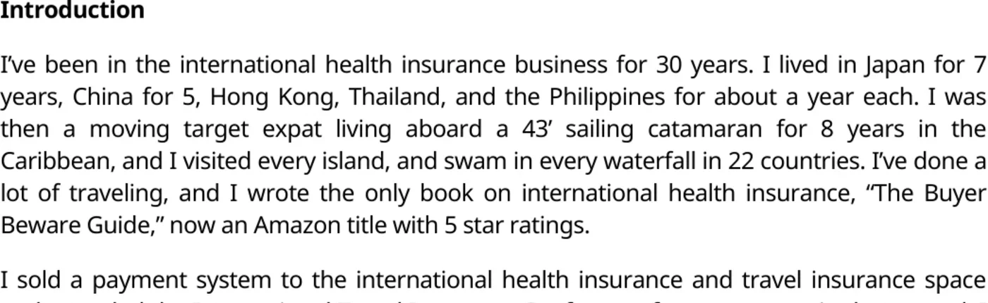 Detail from the introduction to Alex Routh's travel health insurance guide