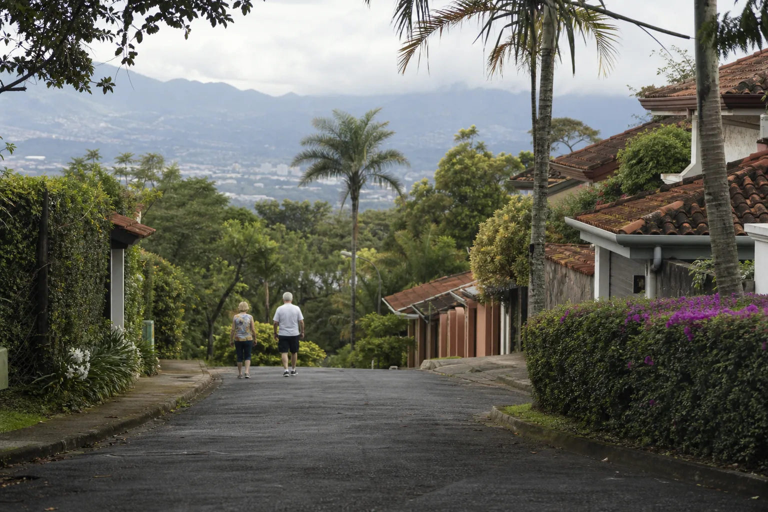 A couple walking through a residential neighbourhood during a long stay abroad