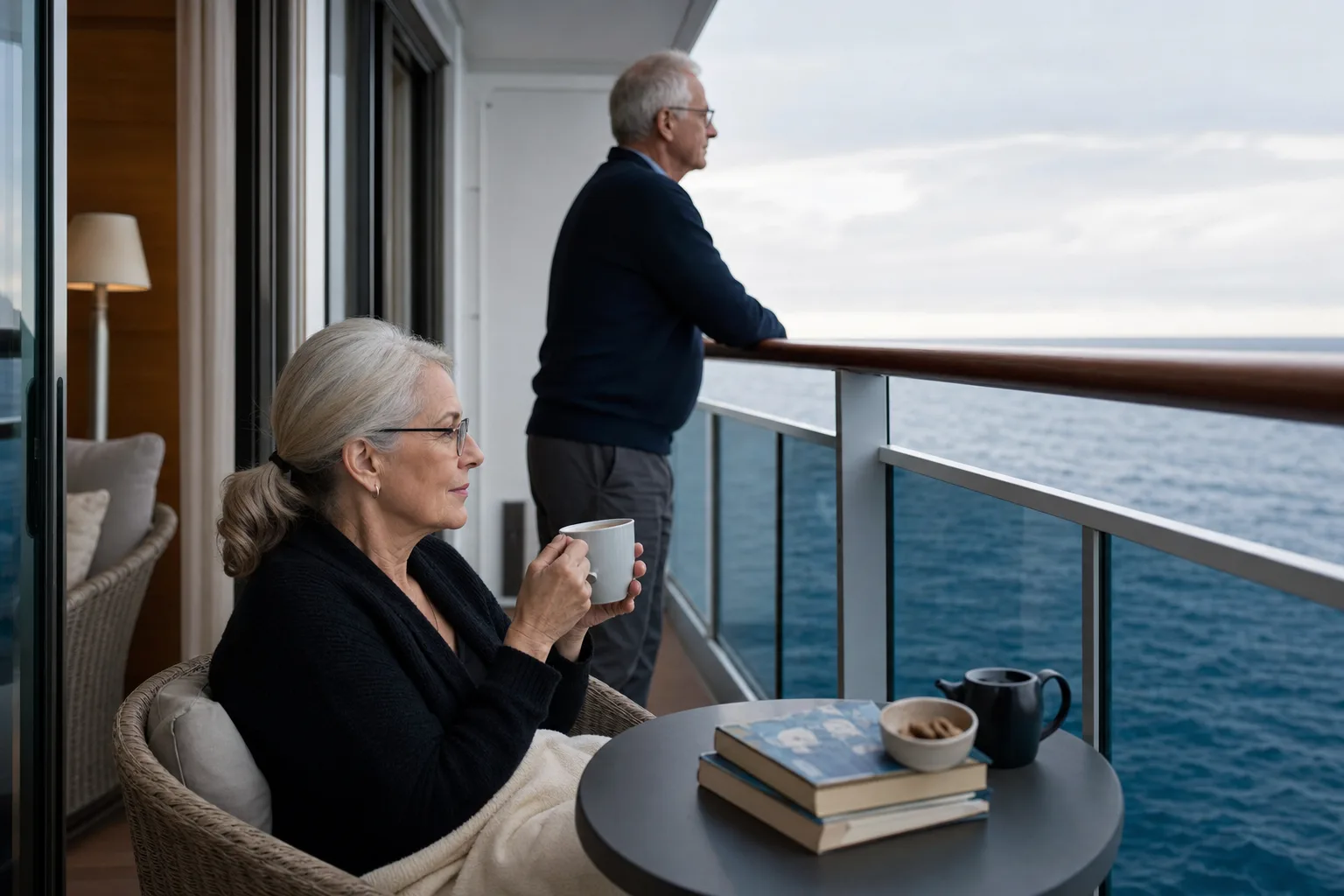 Long-term cruise residents on the balcony of their cabin at sea