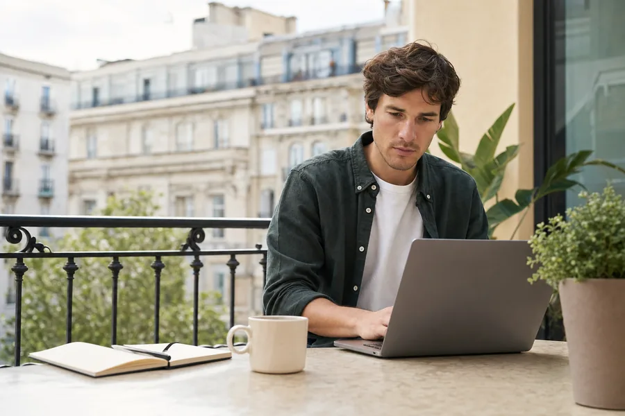 An established remote professional working from a long-term apartment abroad