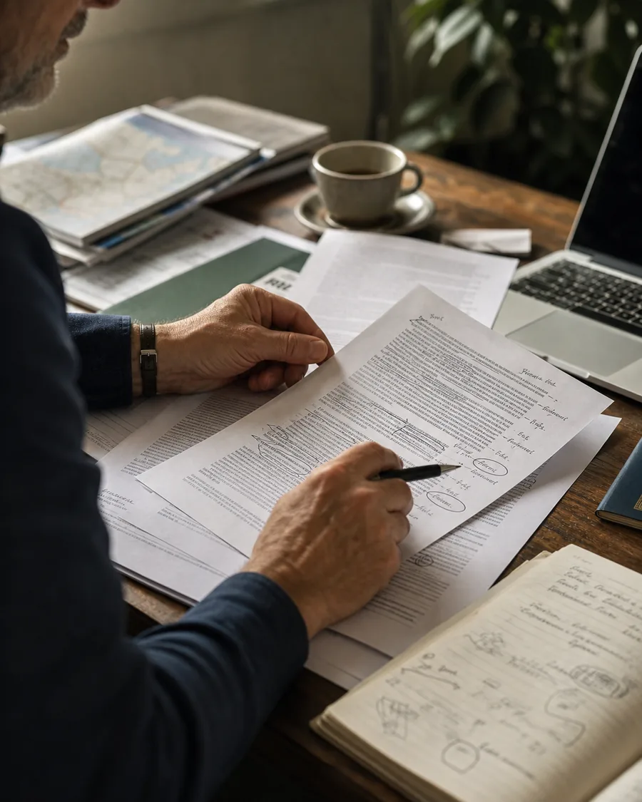 Marked policy documents being reviewed by an experienced advisor