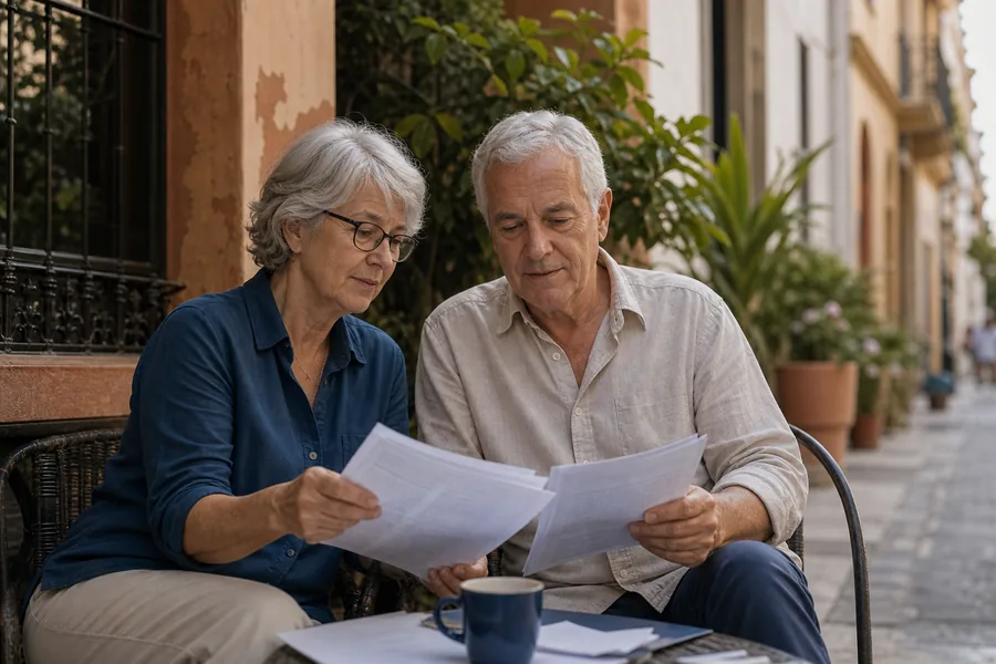 Retired expat couple abroad in a quiet residential street