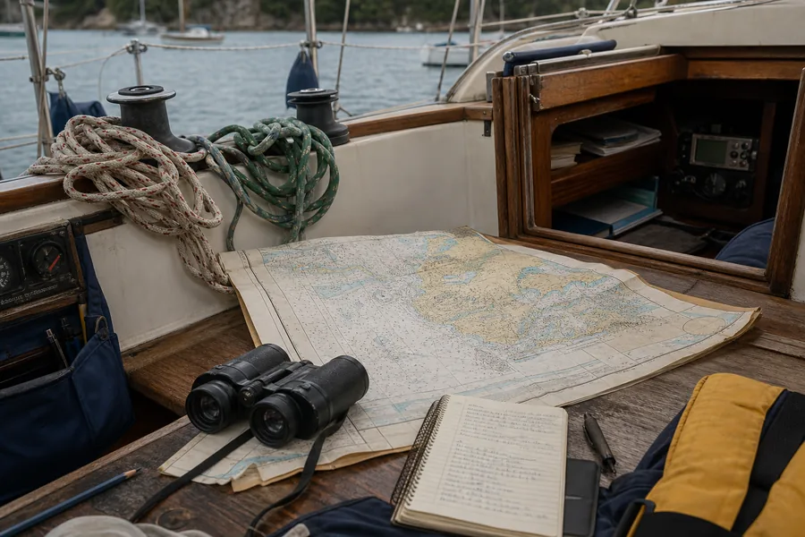 Cruising sailboat cockpit with chart table and coiled rope