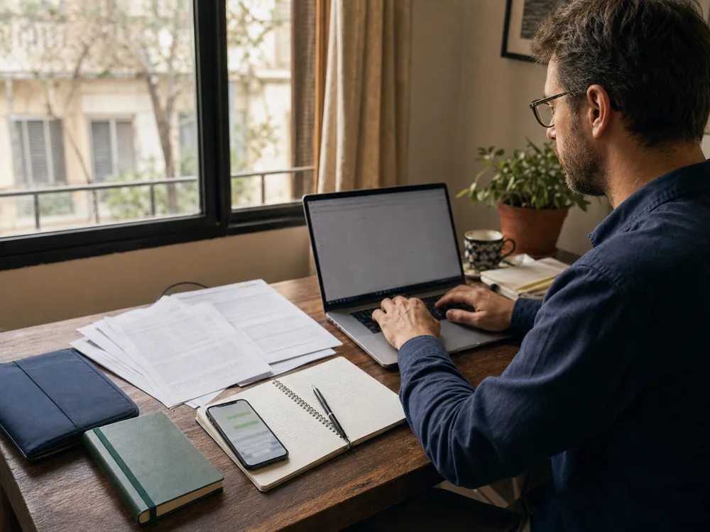 Independent expat insurance advisor replying to a client message from a desk