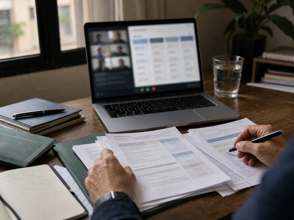 Laptop video call beside expat health insurance quote notes