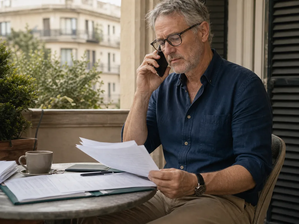 Expat client on a serious phone call with policy papers on a terrace table